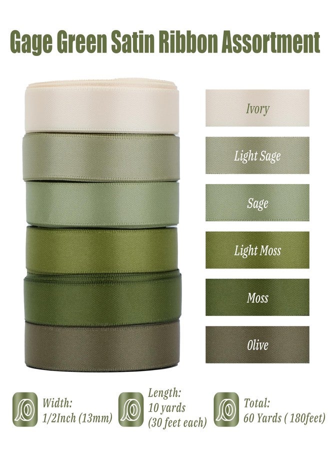 DINDOSAL Sage Green Satin Ribbon - Moss Green, 1/2 Inch, 6 Rolls (60 Yards) for Wedding, Crafts & Gift Wrapping - Image 2